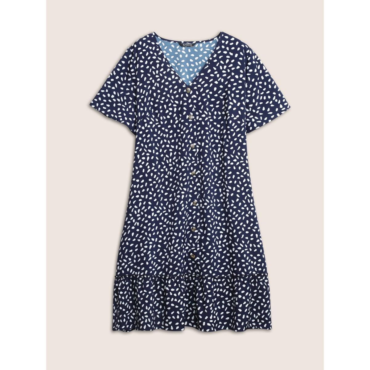 Plus Size Polka Dot Button Detail Flutter Layered Hem Dress DarkBlue Women Casual Non V-neck Short sleeve Curvy Midi Dress BloomChic 18-20/2X Product Image