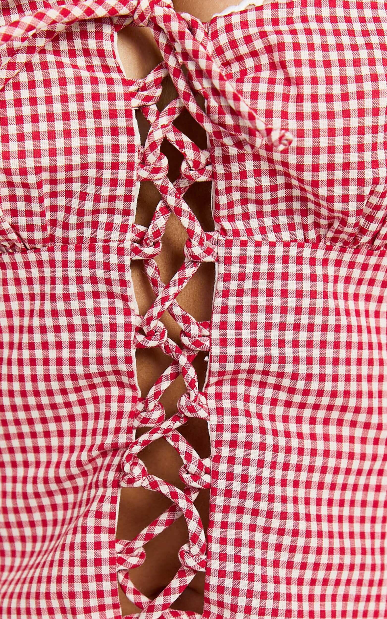 Alize Top - Lace Front Gingham Sweetheart Neckline Top in Red/White Product Image