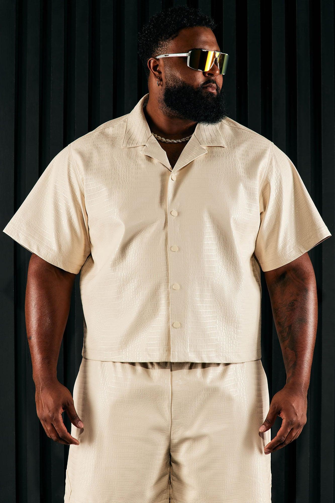 Gotta Run Faux Croc Leather Cropped Button Up Shirt - Cream Product Image