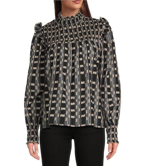 Ro's Garden Gemma Woven Print Mock Neck Smocked Chest Long Sleeve Blouse Product Image