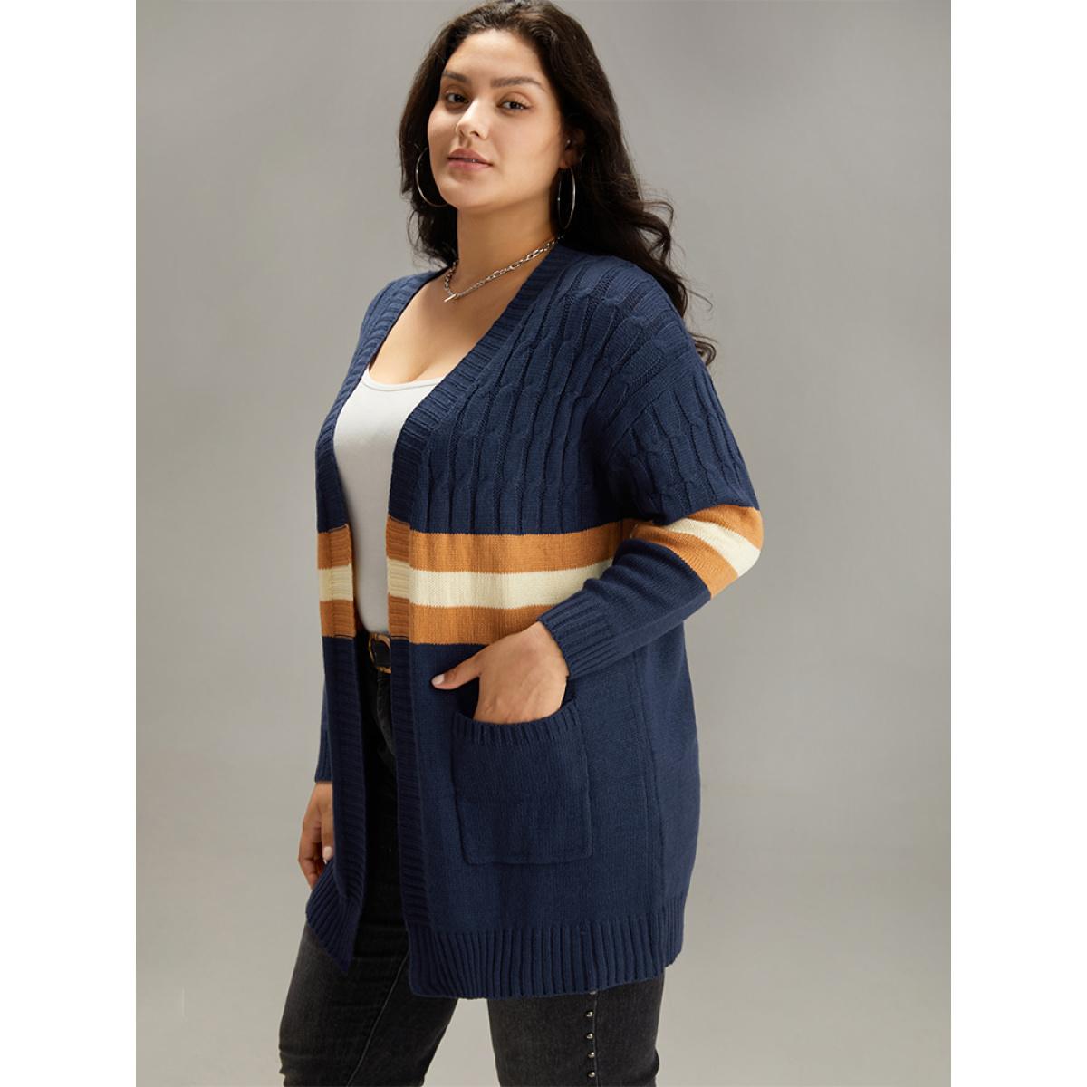 Plus Size Cable Knit Colorblock Contrast Open Front Cardigan Multicolor Women Casual Loose Long Sleeve Dailywear Cardigans BloomChic 28/5X Product Image