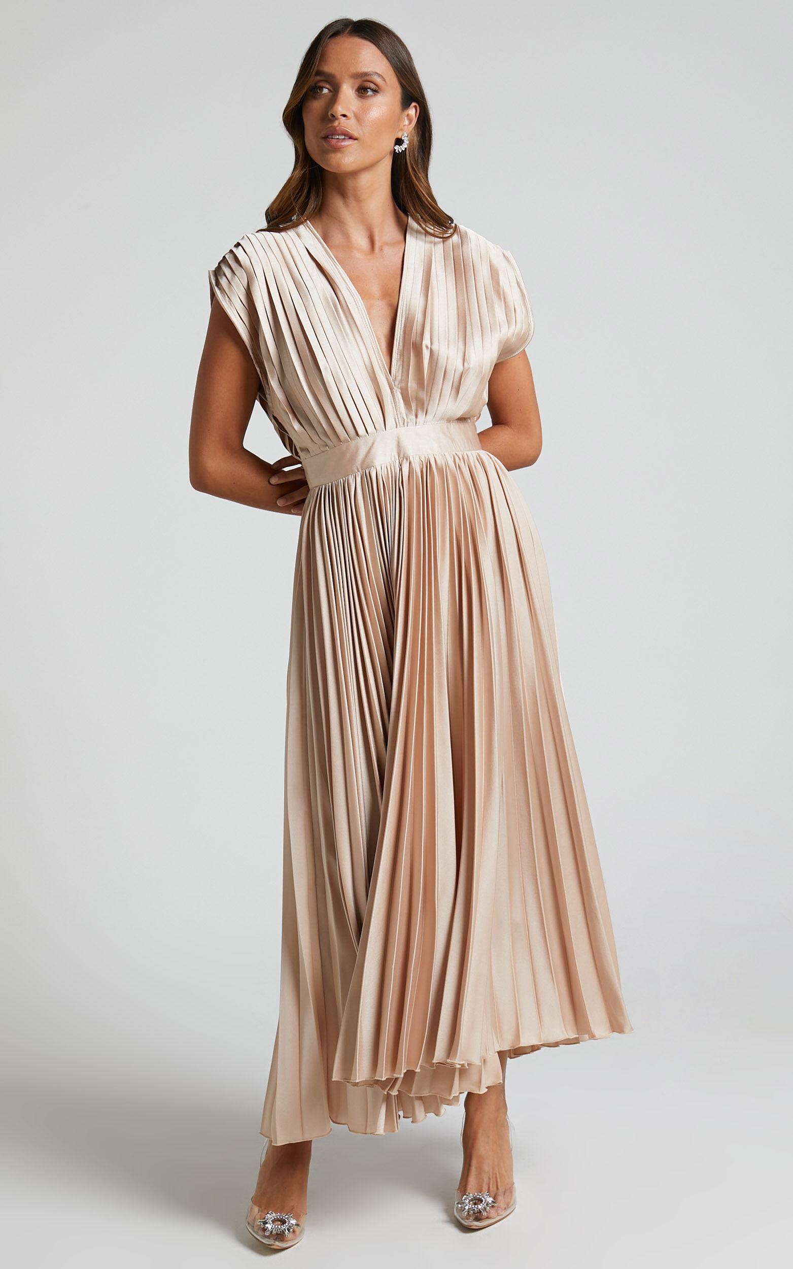 Della Midi Dress - Plunge Neck Short Sleeve Pleated Dress in Champagne Product Image