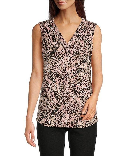 Jones New York Printed Moss Crepe Pleat Front V-Neck Sleeveless Blouse Product Image