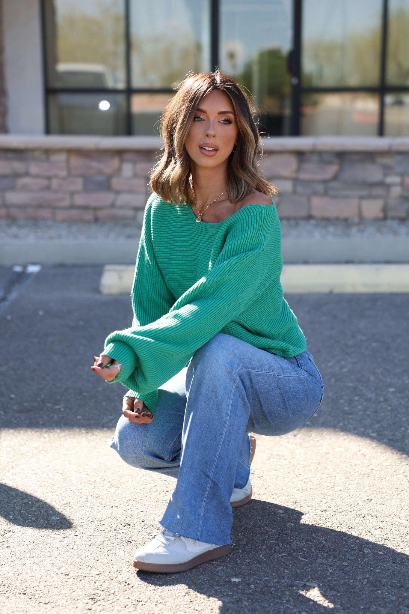 Avery Ribbed Boat Neck Sweater - Green - DOORBUSTER Product Image