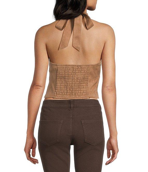 Moa Moa V-Neck Halter Faux Suede Smocked Top Product Image