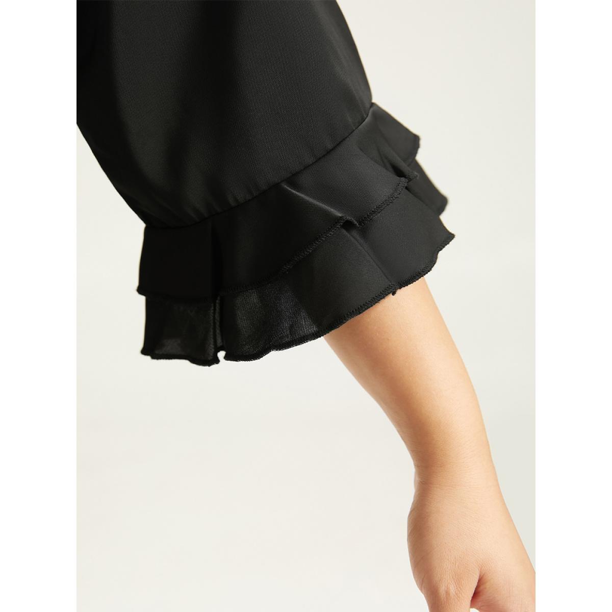 Plus Size Black Leopard Print Patchwork Frill Trim Blouse Women Elegant Elbow-length sleeve Round Neck Dailywear Blouses BloomChic 28/5X Product Image