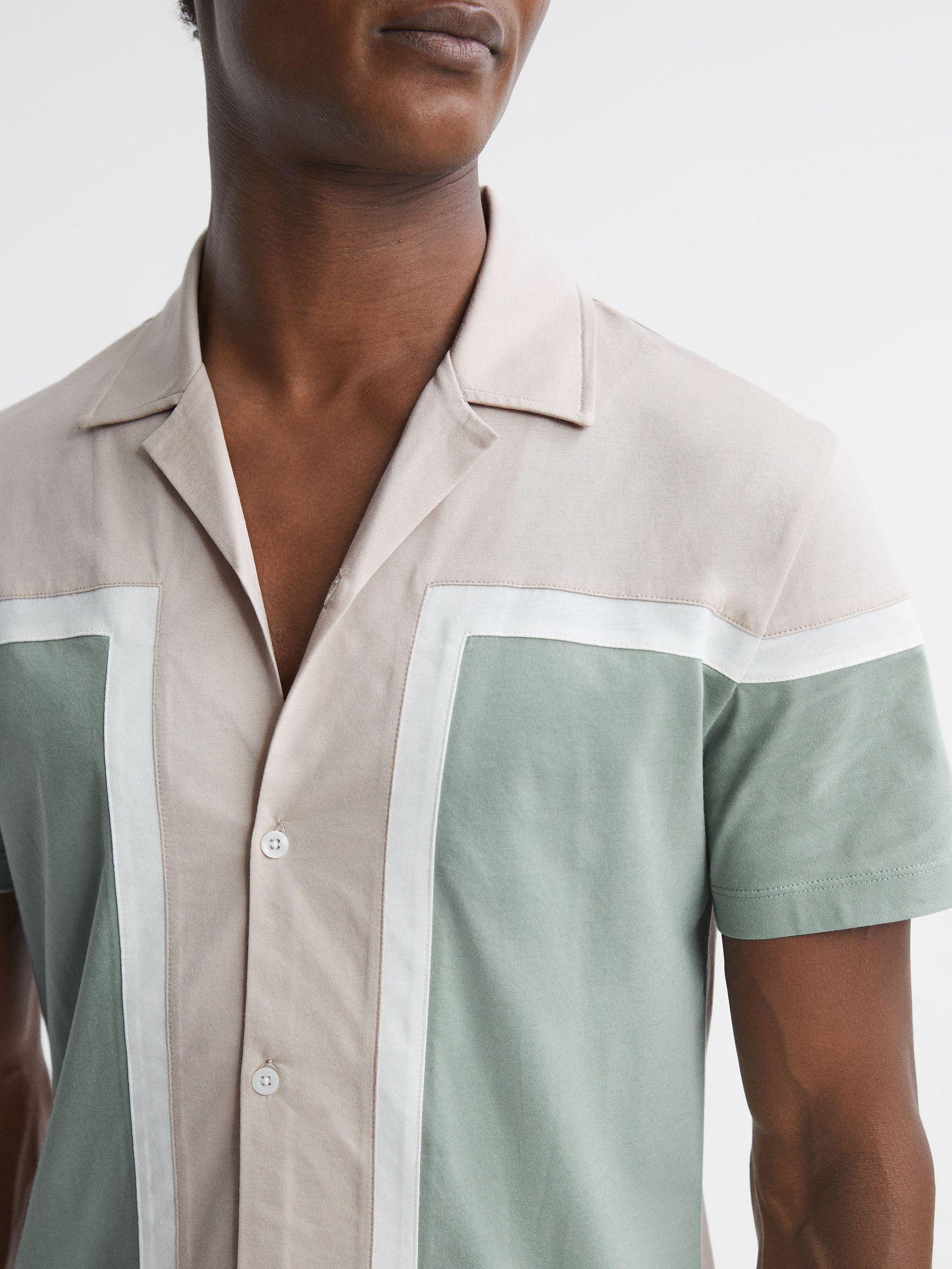 Mercerised Colourblock Cuban Collar Shirt in Sage Multi Product Image