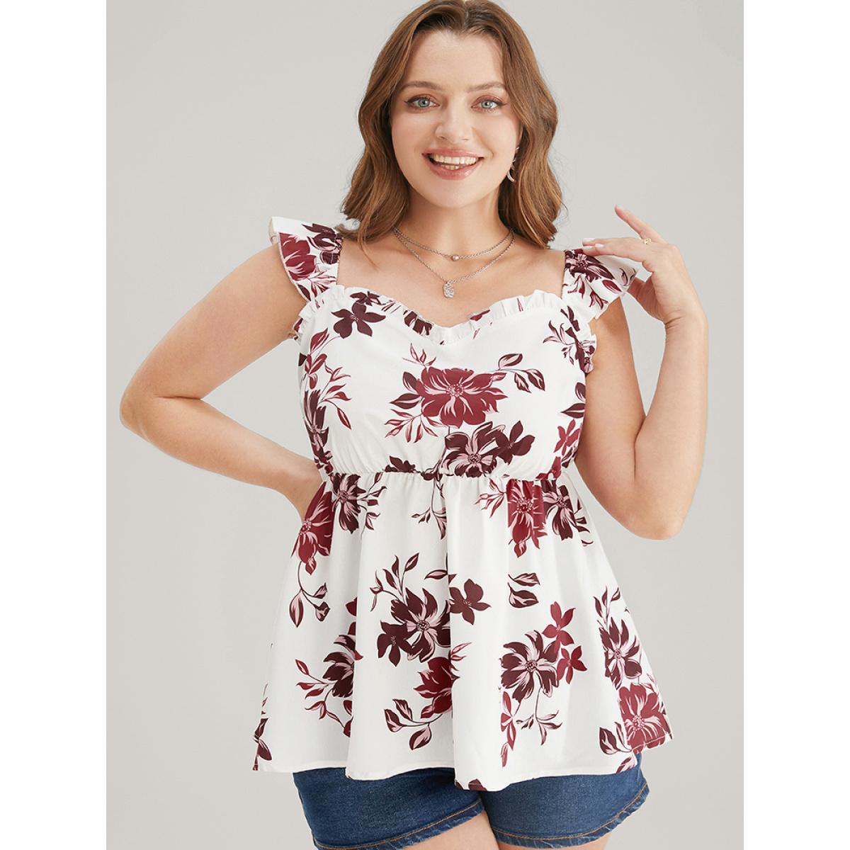 Plus Size Floral Print Babydoll Ruffles Trim Cami Top Women White Elegant Elastic Waist V-neck Dailywear Tank Tops Camis BloomChic 30/6X Product Image