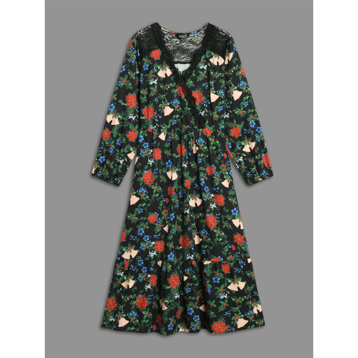 Plus Size Floral Lace Surplice Neckline Midi Dress Emerald Women Elegant Woven ribbon&lace trim Overlap Collar Long Sleeve Curvy BloomChic 22-24/3X Product Image