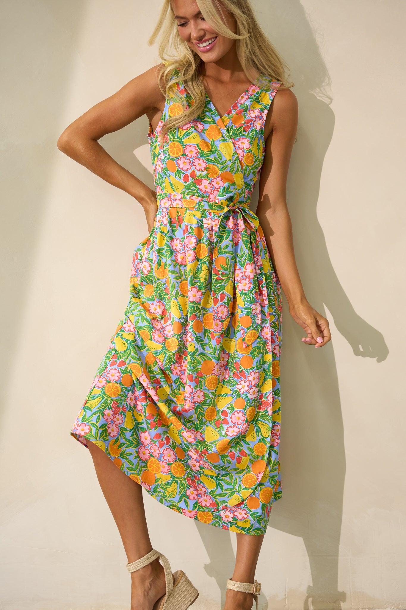 Citrus Bloom Sky Blue Multi Print Midi Wrap Dress Product Image