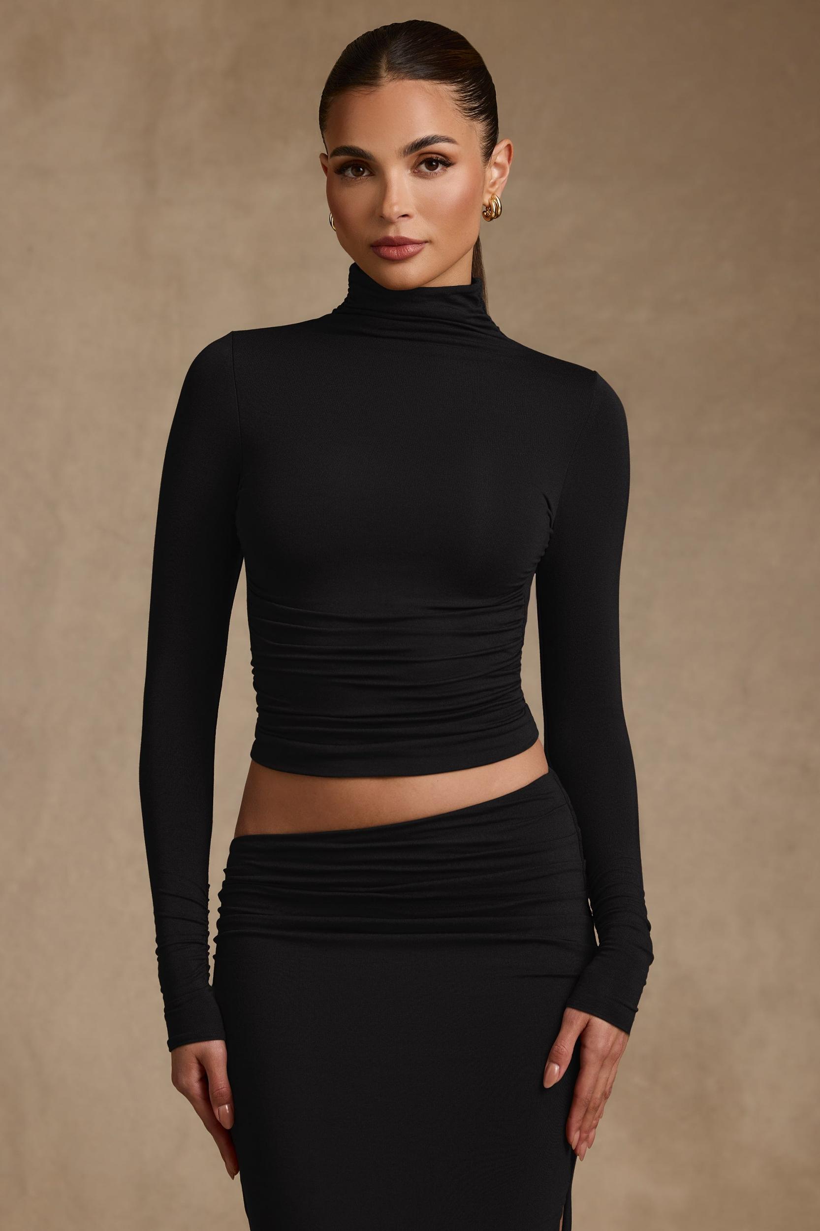 Modal Ruched Backless Turtleneck Top in Black Product Image