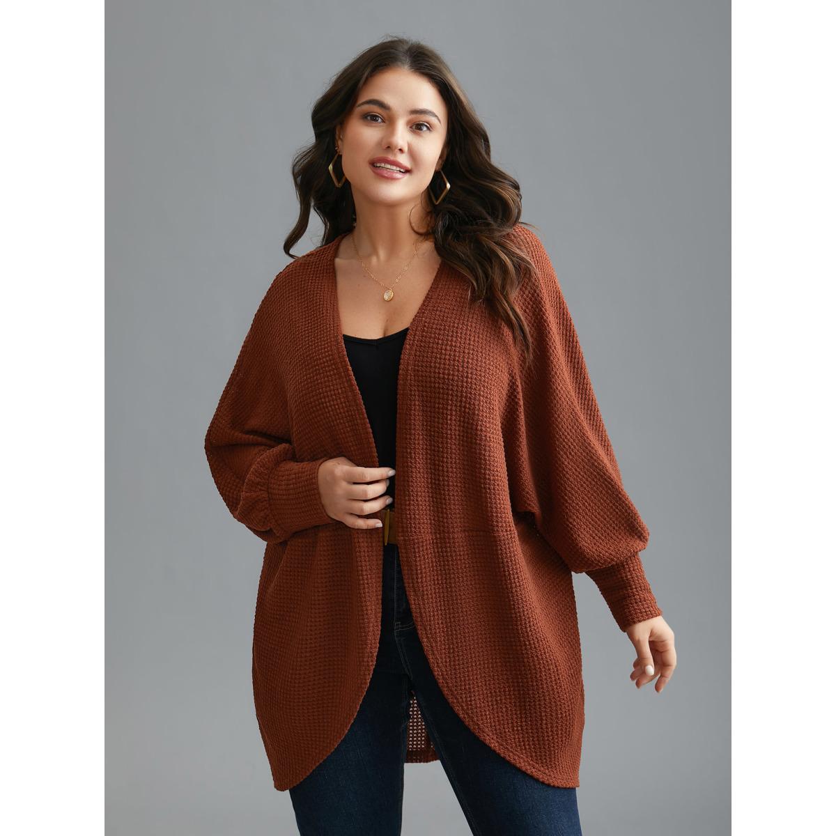 Plus Size Textured Curved Hem Lantern Sleeve Cardigan Women Russet Casual Texture Loose Everyday Kimonos BloomChic 18-20/2X Product Image