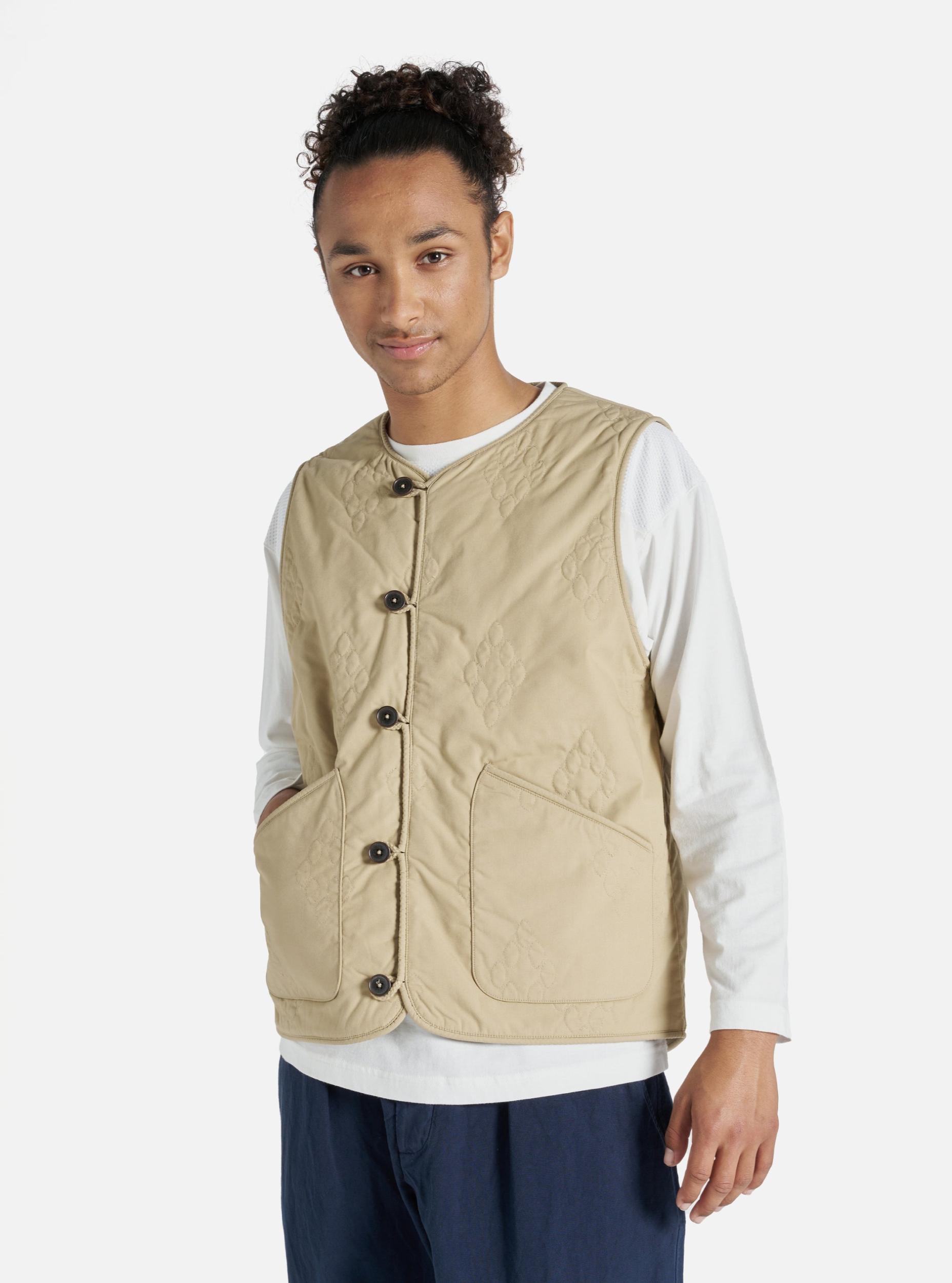 Universal Works Quilted Piped Liner Gilet in Sand Recycled Poly Tech Product Image