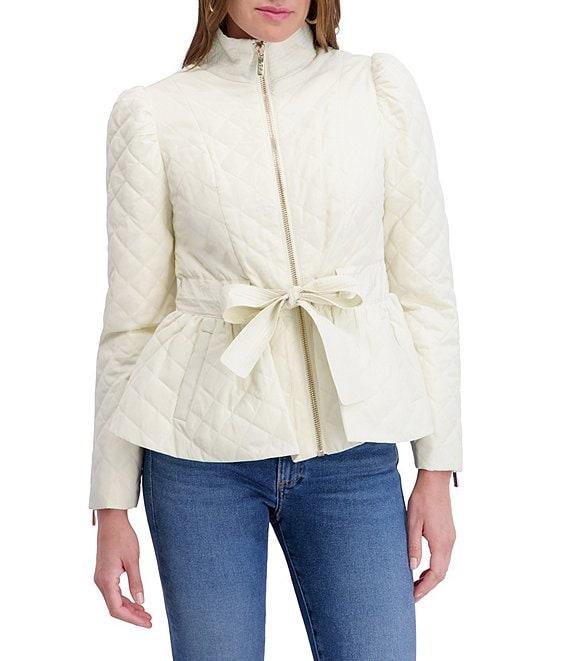 Kensie Quilted Funnel Neck Long Sleeves Belted Ruffle Hem Peplum Trench Coat Product Image