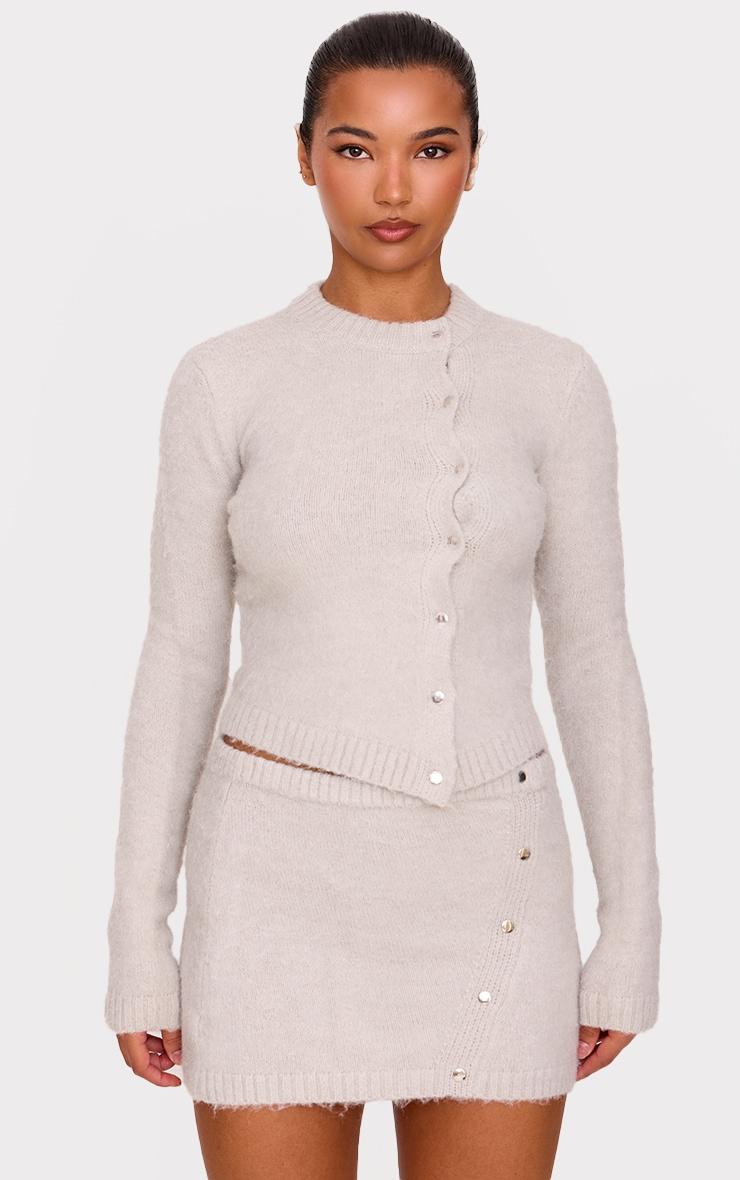 Grey Soft Knit Asymmetric Popper Detail Mini Skirt Product Image