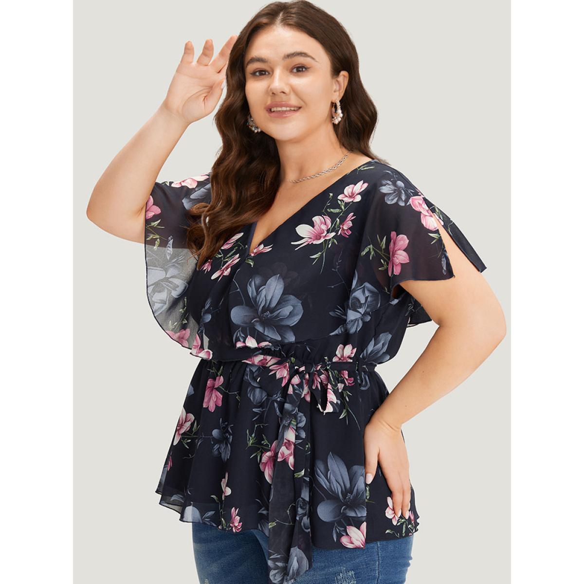 Plus Size Multicolor Floral Split Batwing Sleeve Wrap Mesh Belted Blouse Women Glamour Cap Sleeve Deep V-neck Going out Blouses BloomChic 28/5X Product Image