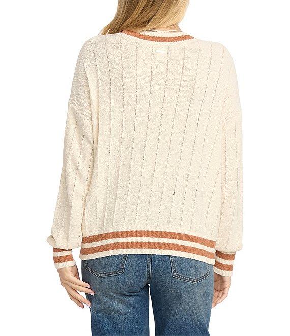 Billabong Classic Days Striped Trim Long Sleeve Open Weave Loose Knit Sweater Product Image