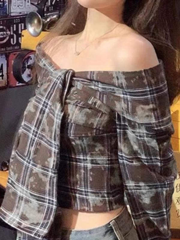 Vintage Plaid Tie Dye Off Shoulder Long Sleeve Blouse Product Image