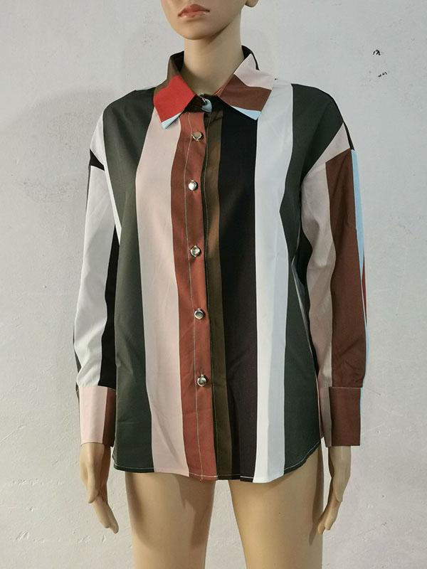 Long Sleeves Loose Contrast Color Printed Lapel Blouses Product Image