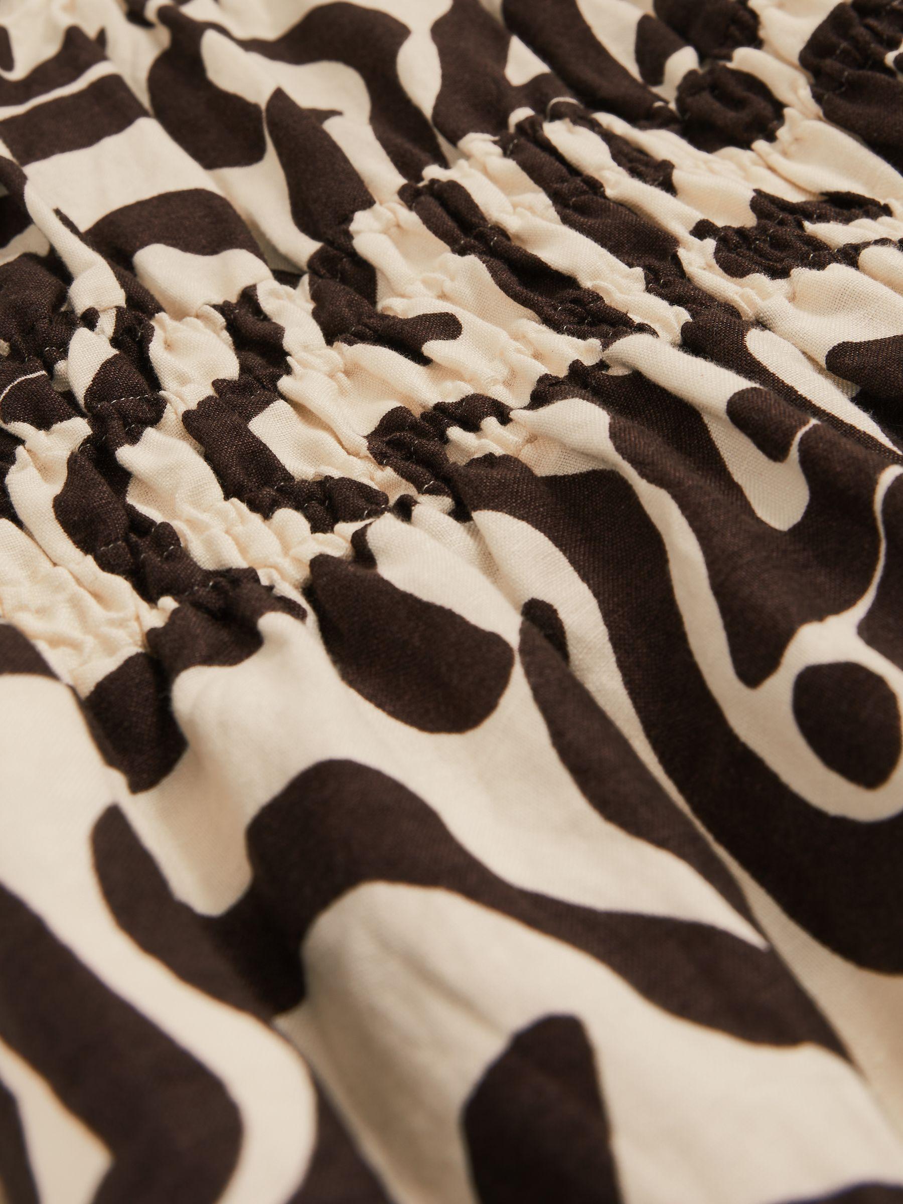 Linen-Blend Printed Shirred Midi Dress in Brown/Ivory Product Image