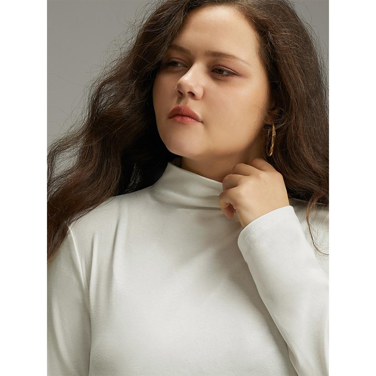 Plus Size Cotton Solid Mock Neck T-shirt White Women Casual Plain Plain Mock Neck Dailywear T-shirts BloomChic 12/L Product Image