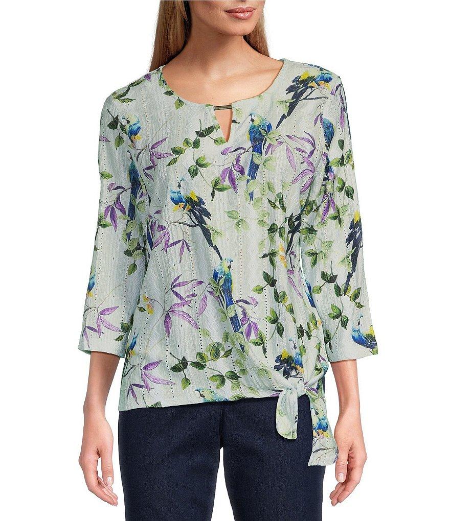 Allison Daley Petite Size Botanical Song Print 3/4 Sleeve Keyhole Neck Tie Hem Eyelet Jacquard Knit Top Product Image