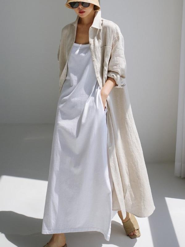 Simple Long Sleeves Split-Side Solid Color Lapel Midi Dresses Shirt Dress Product Image