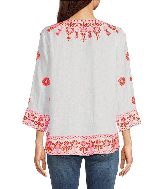 John Mark Embroidered Medallion Motif Split V-Neck 3/4 Sleeve Hi-Low Hem Tunic Product Image