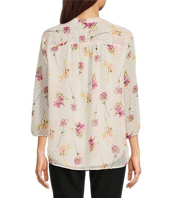 Jones New York Clip Dot Chiffon Floral Printed V-Neck 3/4 Sleeve Tunic Product Image