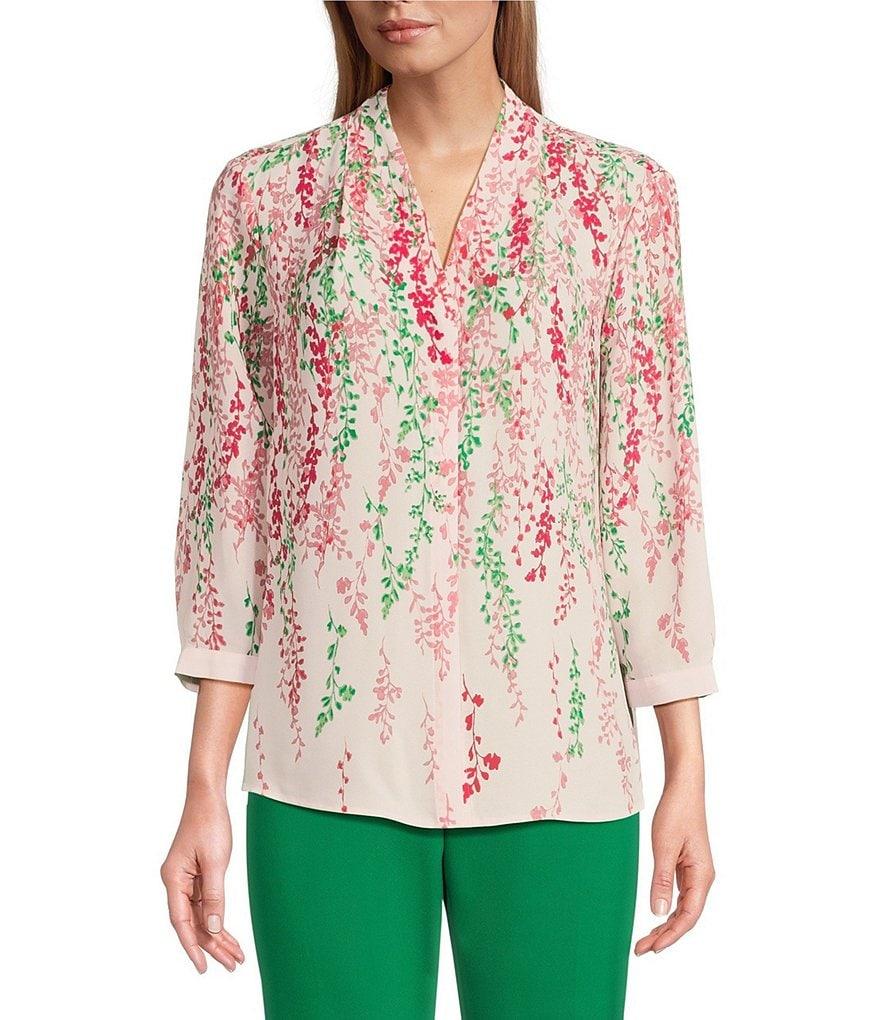 Investments Caroline Signature Cascading Vines V-Neck 3/4 Sleeve Button Front Top Product Image