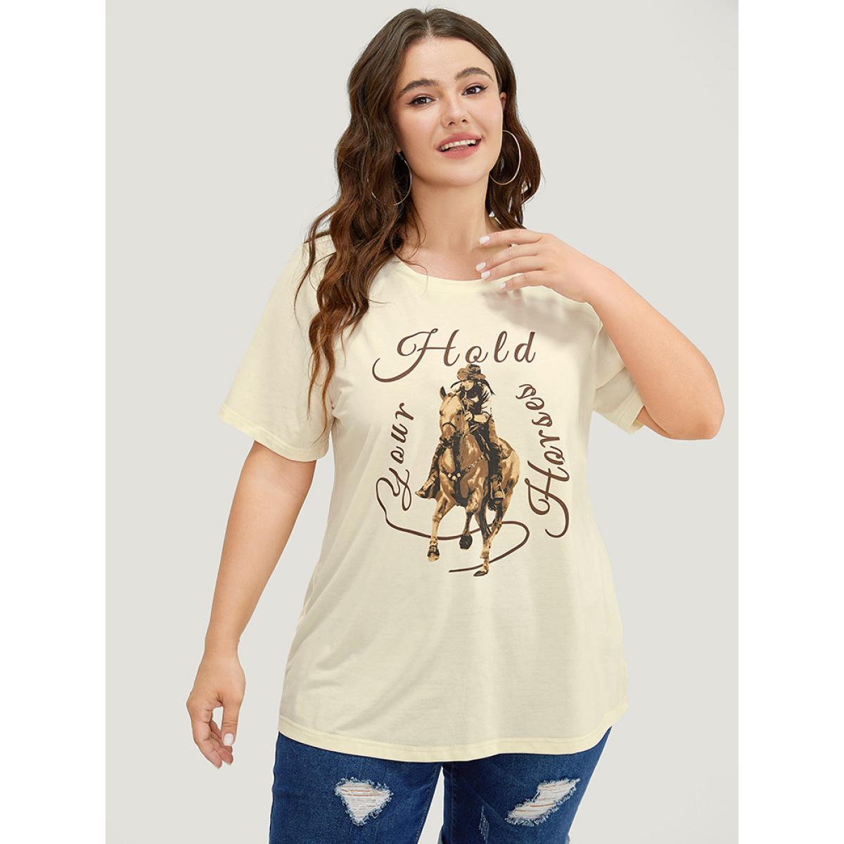 Plus Size Horse & Letter Print Round Neck Graphic Tee Apricot Women Casual Western Dailywear T-shirts BloomChic 18-20/2X Product Image