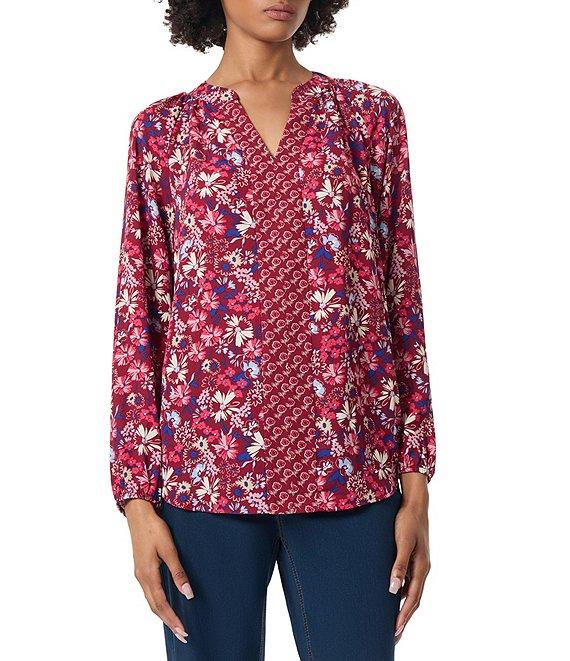 Jones New York Twin Printed Split-V Neck Long Raglan Sleeve Blouse Product Image