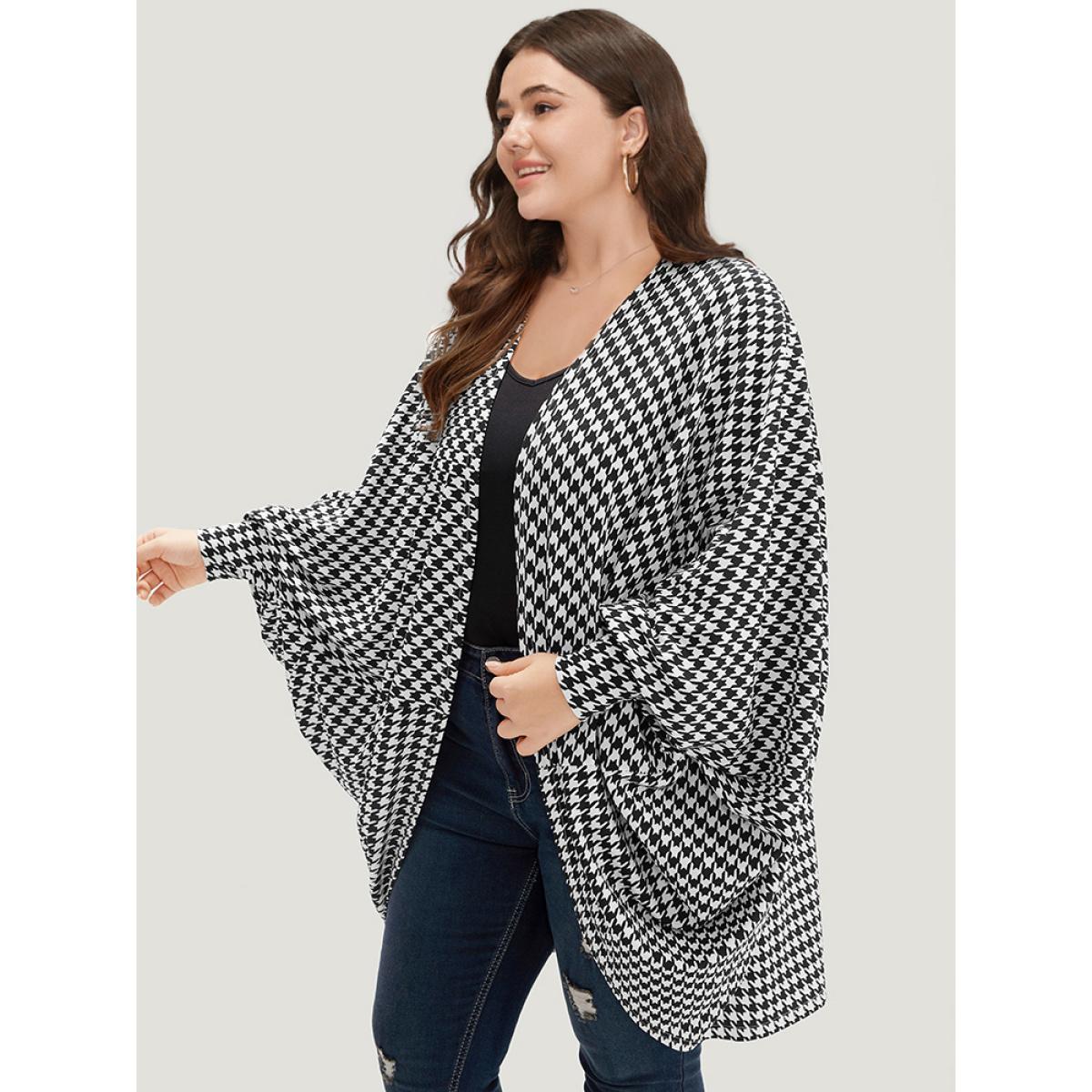 Plus Size Houndstooth Asymmetrical Hem Dolman Sleeve Kimono Women Black Casual Asymmetrical Loose Dailywear Kimonos BloomChic 22-24/3X Product Image