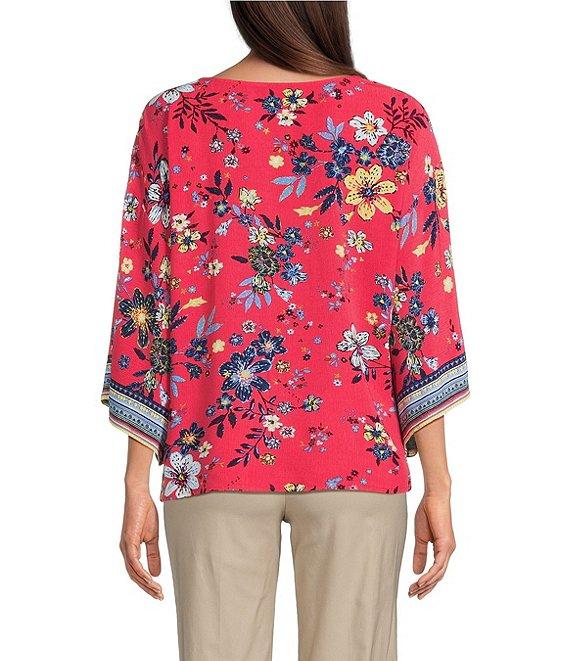 Ali Miles Petite Size Floral Print V-Neck 3/4 Sleeve Front Tie Tunic Product Image