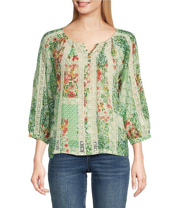 Figueroa & Flower Woven Printed Lace Detail Scoop Neck Long Sleeve Blouse Product Image