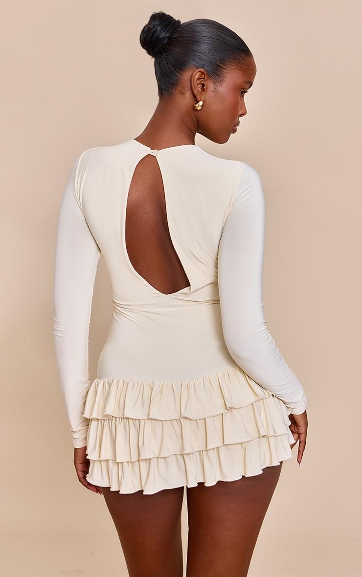 Cream Double Layer Slinky High Neck Long Sleeve Rara Skort Romper Product Image