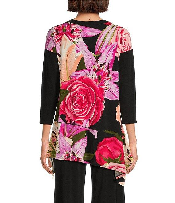 Eva Varro Knit Floral Print Boat Neck 3/4 Sleeve Asymmetrical Ruffle Hem Tunic Product Image