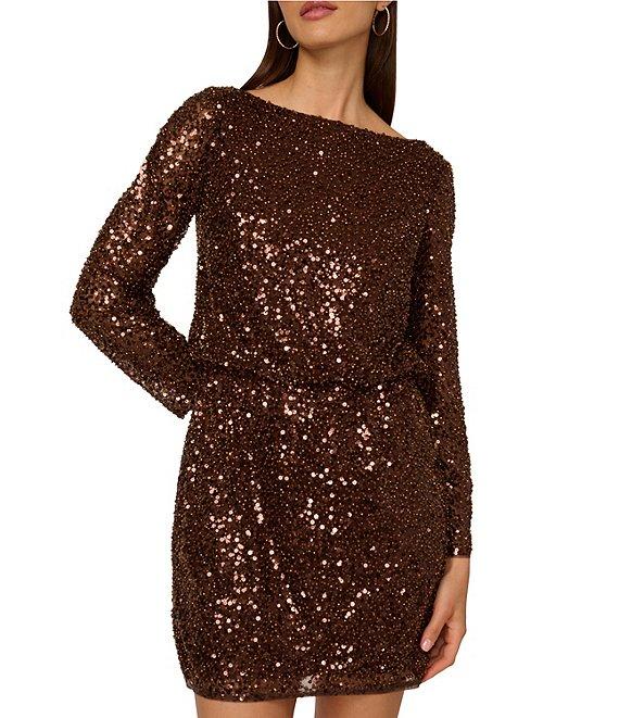 Adriana by Adrianna Papell Sequin Boat Neck Long Sleeve Blouson Bodice Mini Dress Product Image