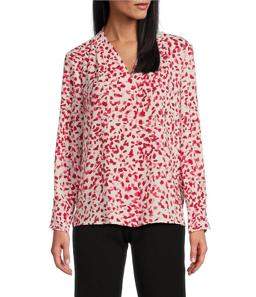 Investments Petite Size Woven Red Petals Long Sleeve V-Neck Top Product Image