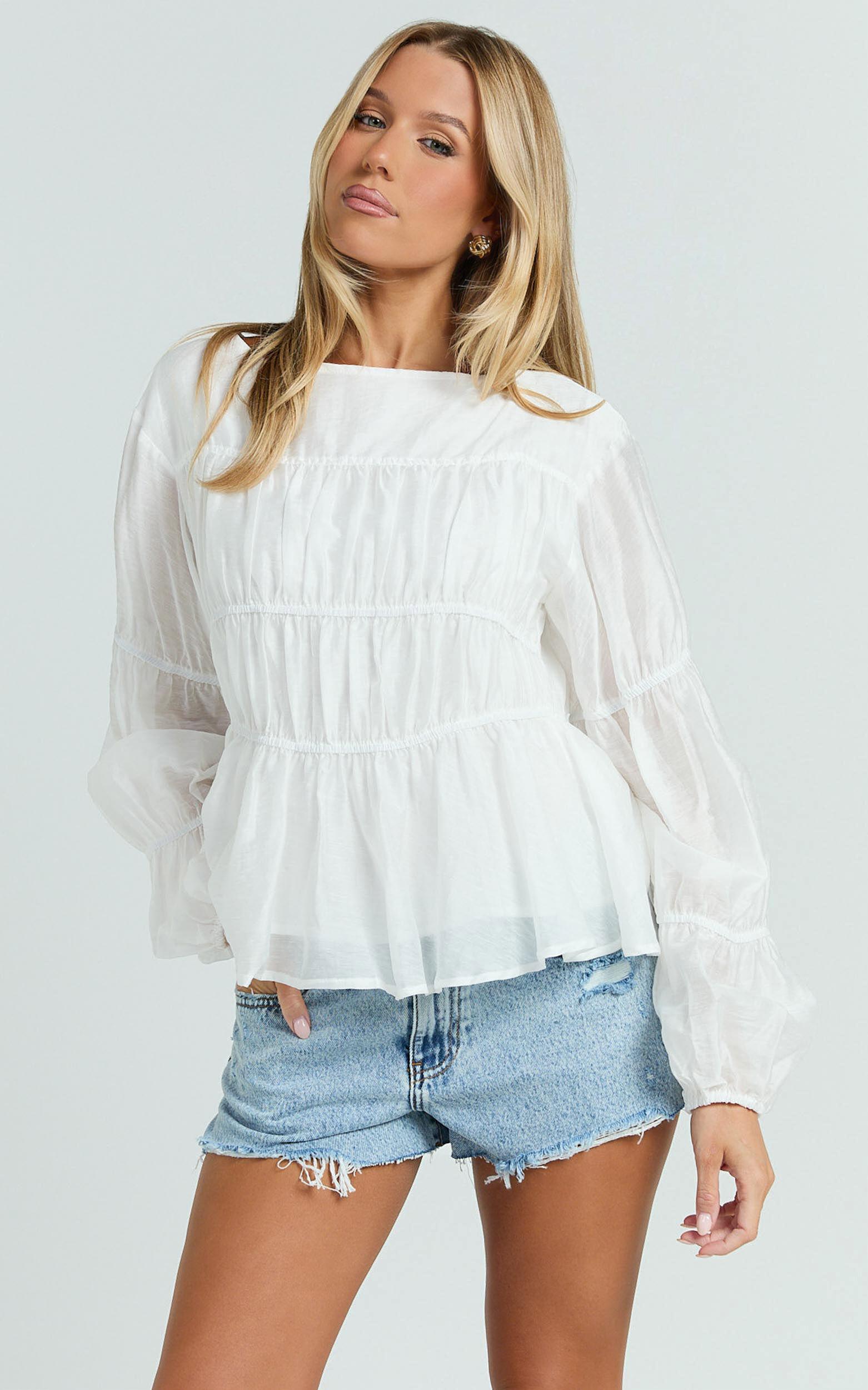 Malou Top - Shirred Long Sleeve Top in White Product Image