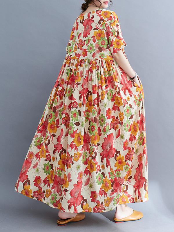 Loose Short Sleeves Pleated Printed Split-Joint Round-Neck Midi Dresses Product Image