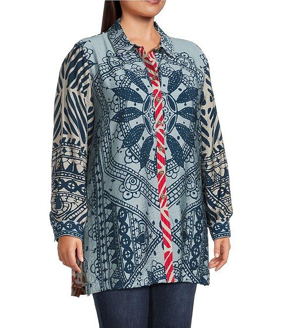 John Mark Plus Size Medallion Abstract Print Point Collar Long Roll-Tab Sleeve Button-Front Tunic Product Image