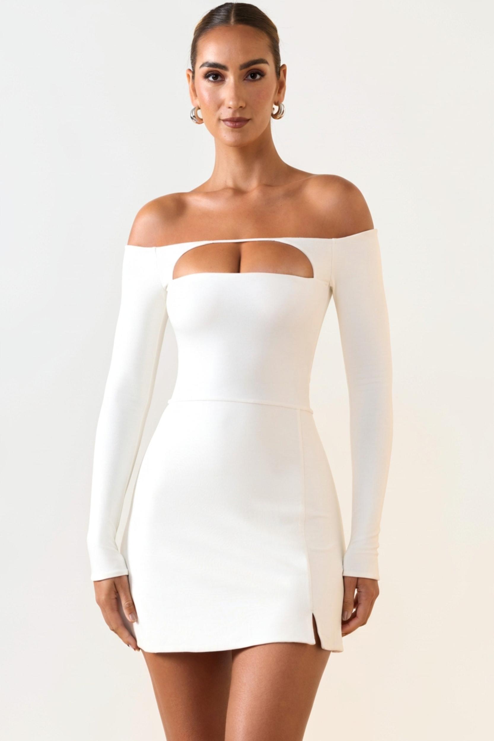 Modal Cut-Out Off-Shoulder A-Line Mini Dress in White Product Image