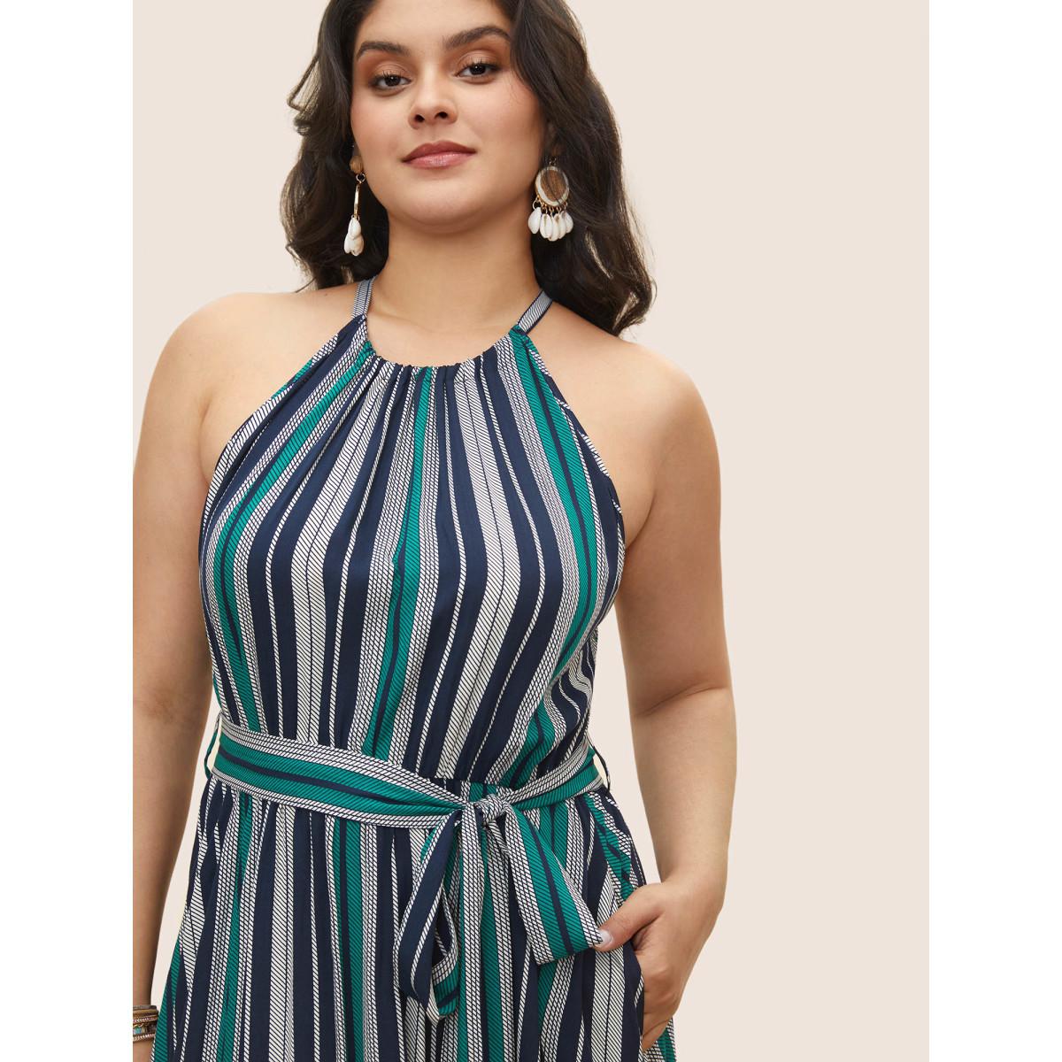 Plus Size Striped Belted Halter Pocket Dress DarkBlue Women Resort Belted Halter neck Sleeveless Curvy Midi Dress BloomChic 18-20/2X Product Image
