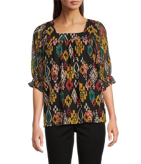 Calessa Mesh Knit Abstract Ikat Print Square Neck Elbow Sleeve Tunic Product Image