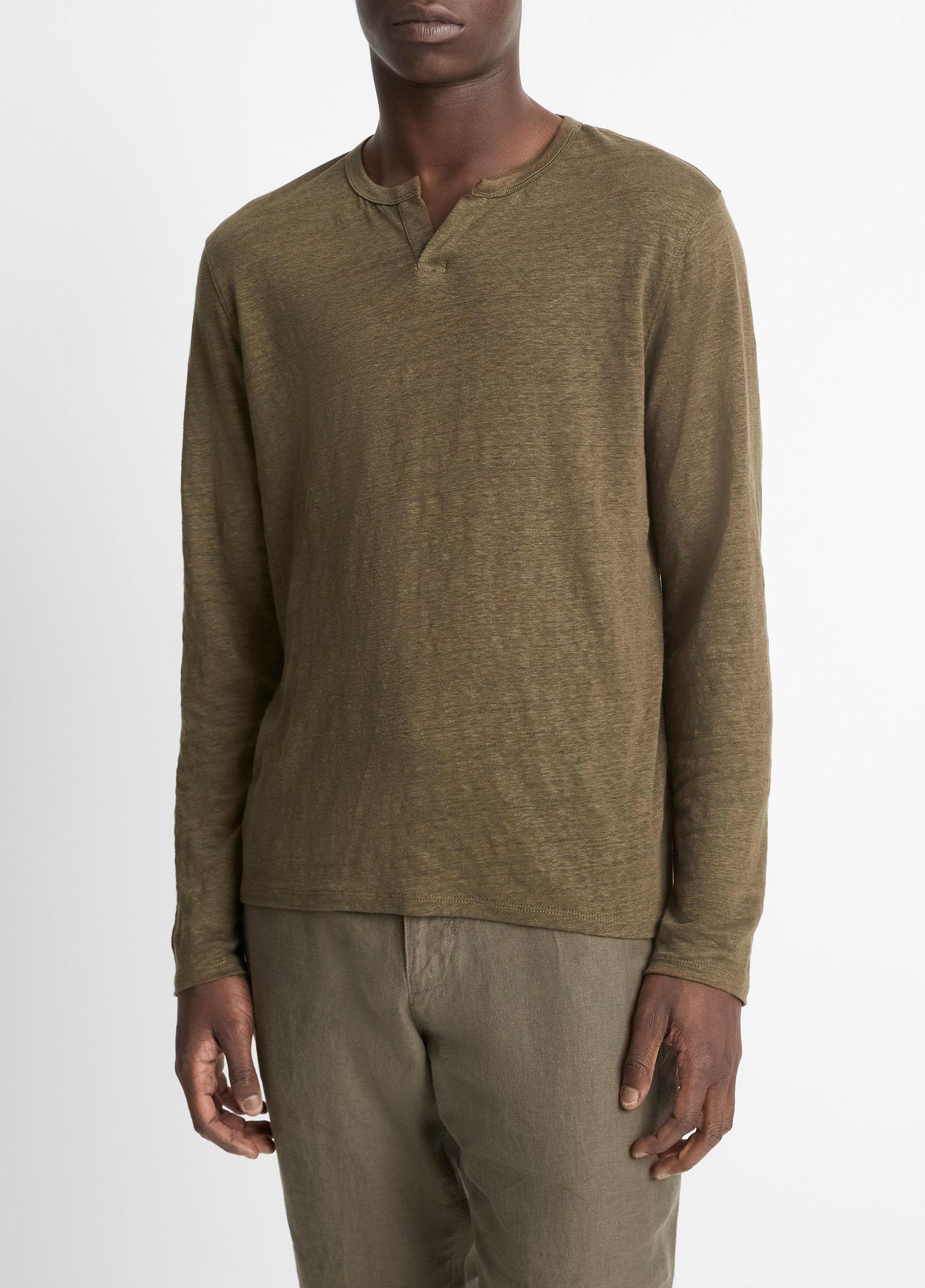 Linen Long-Sleeve Split-Neck T-Shirt Product Image