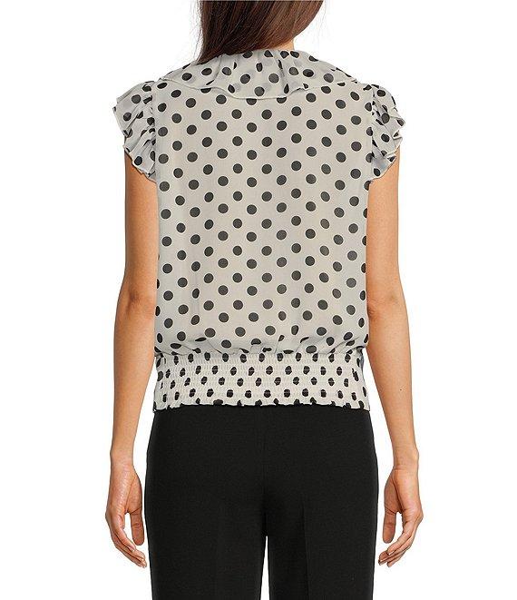 KARL LAGERFELD PARIS Crepe Dotted V-Neck Sleeveless Ruffle Blouse Product Image