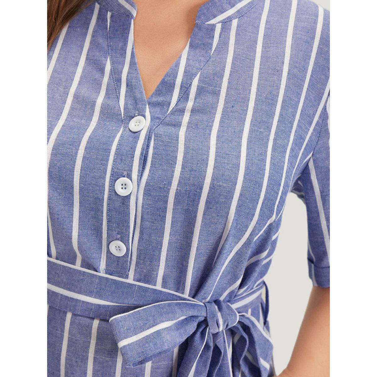 Plus Size Striped Print Belt Pocket Notched Button Up Dress Blue Women Office Cross straps Notched collar Short sleeve Curvy Midi Dress BloomChic 22-24/3X Product Image