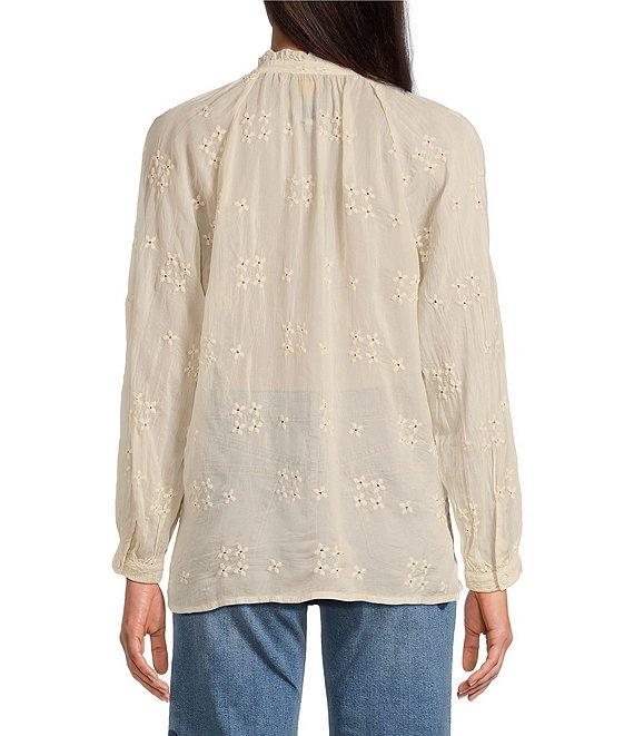 JOHNNY WAS Molli Monotone Embroidered Cupro Ruffle Trim Band Collar Long Sleeve Blouse Product Image