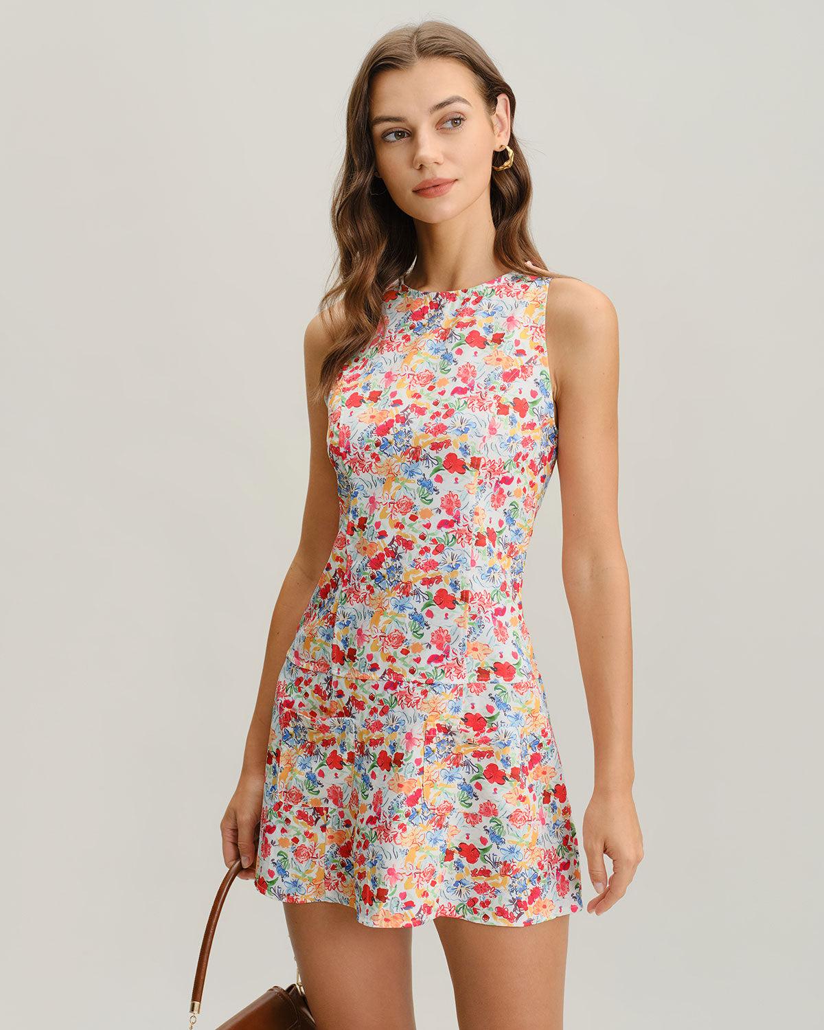 Red Floral Boat Neck Sleeveless Mini Dress Product Image